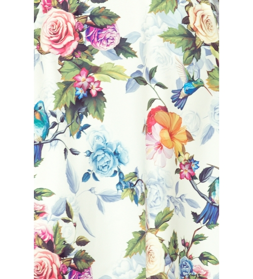 245-1 Sukienka MAXI z falbanką i dekoltem - kolorowe róże i niebieskie ptaszki